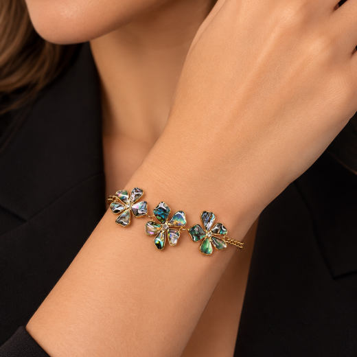 Pulseira Feminina Flores Abalone Dourada em Aço Inoxidável