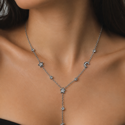 **Colar Feminino Aço Inox 316L Gravatinha Lua e Estrela Madri com Pérola e Cristal**
