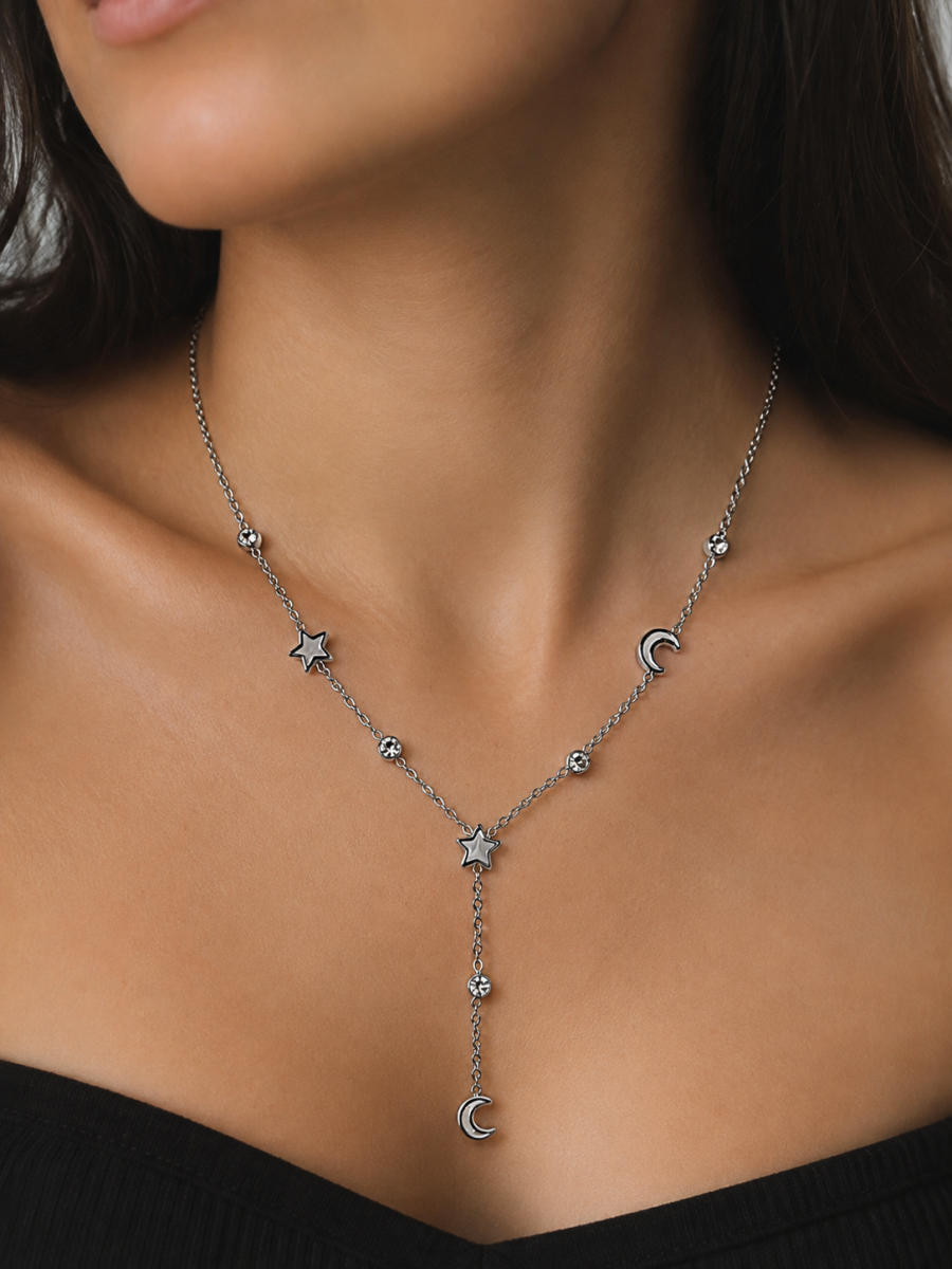 Eternos Acessórios - Colar Feminino Aço Inox 316L Gravatinha Lua e Estrela Madri com Pérola e Cristal