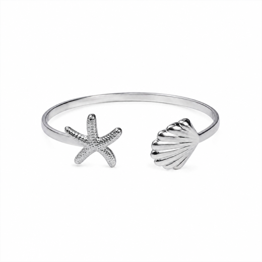 Bracelete Feminino Aço Inox 316L Estrela do Mar e Concha Shell