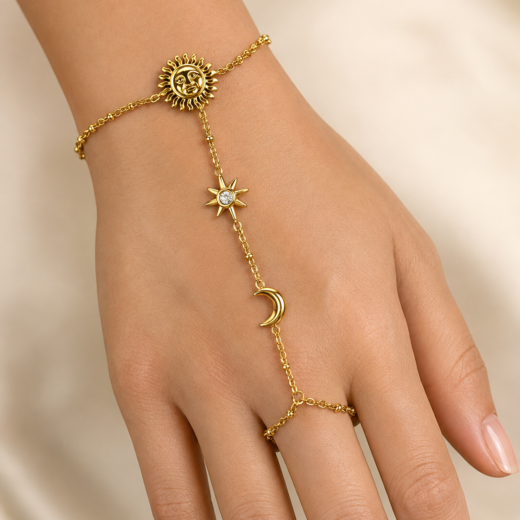 Pulseira Feminina Hand Chain Sol Lua Estrela Dourada em Aço Inox 316L