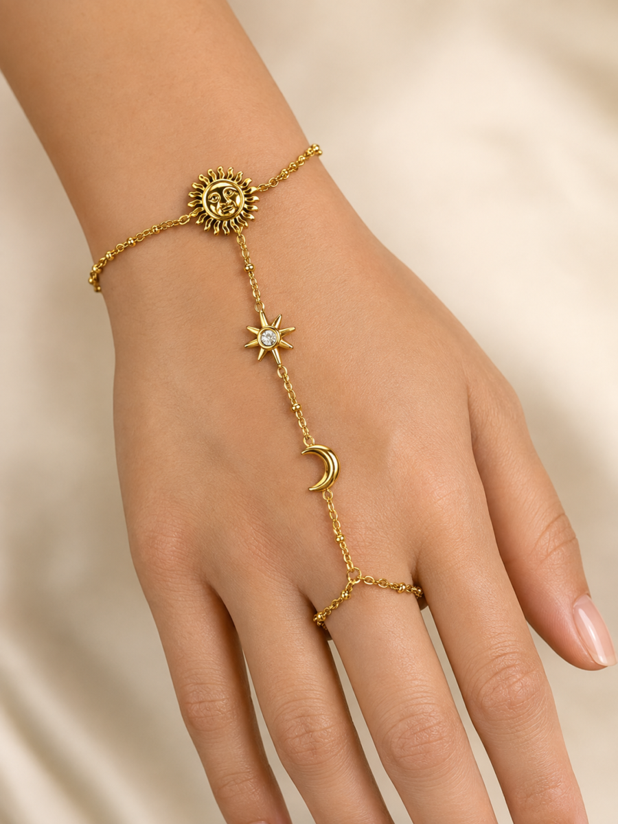 Eternos Acessórios - Pulseira Feminina Hand Chain Sol Lua Estrela Dourada em Aço Inox 316L