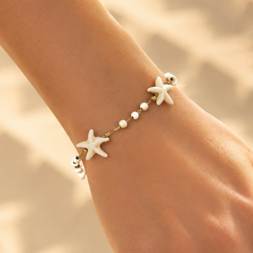 Pulseira Feminina Bolinha Estrela Marinha Pérola Verão Dourada em Aço Inox 316L