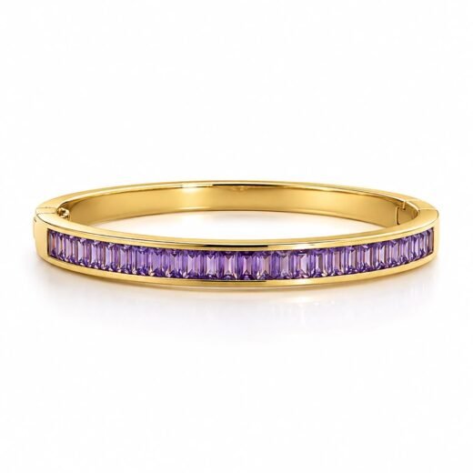 Bracelete Feminino Quadrado Cravejado Roxo Dourado em Aço Inox 316L