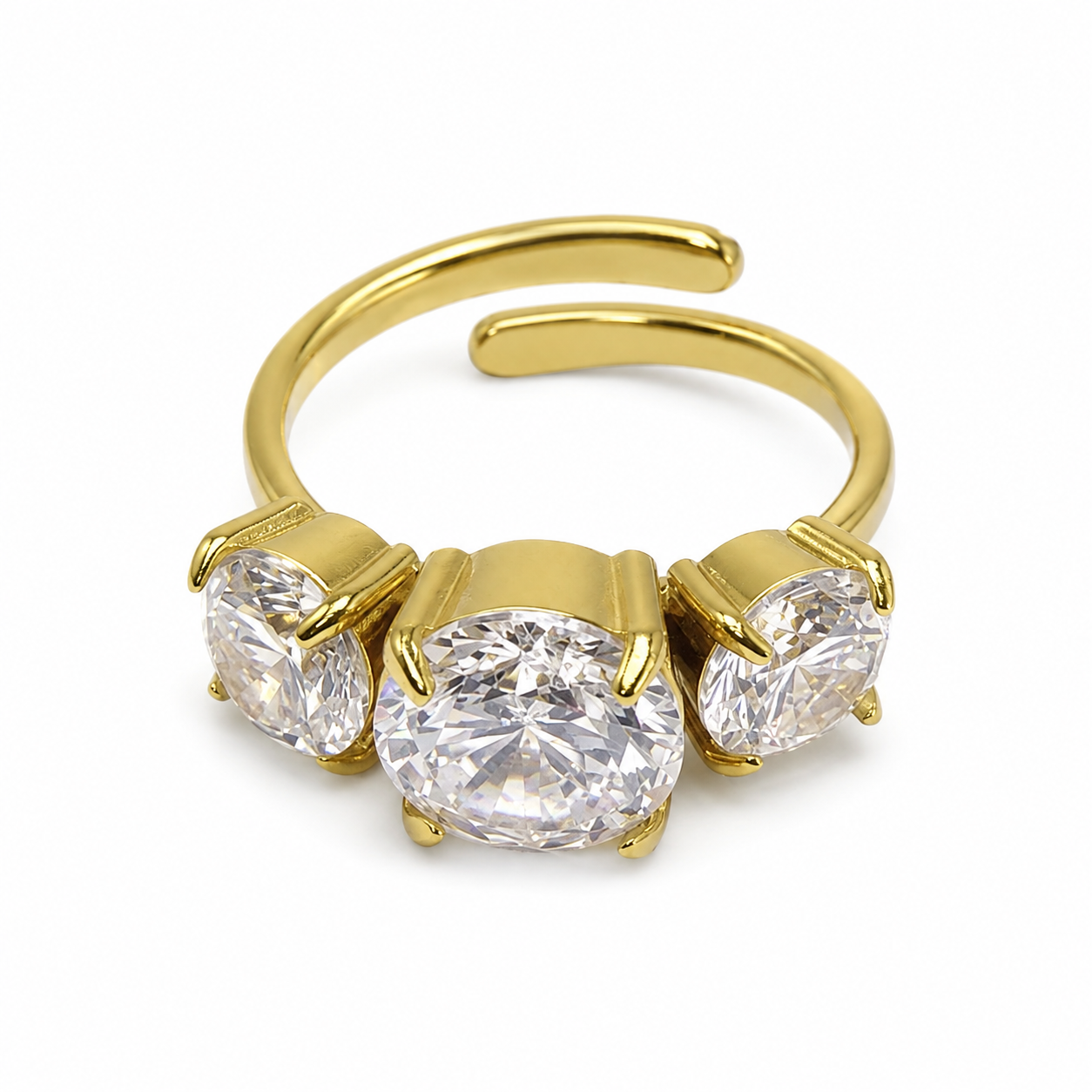 Anel Feminino Três Zircôneas Dourado Regulável em Aço Inox 316L