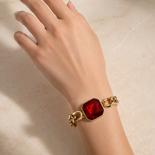 Pulseira Feminina Aço Inox 316L Dourada Vermelho Esmeralda Regulável