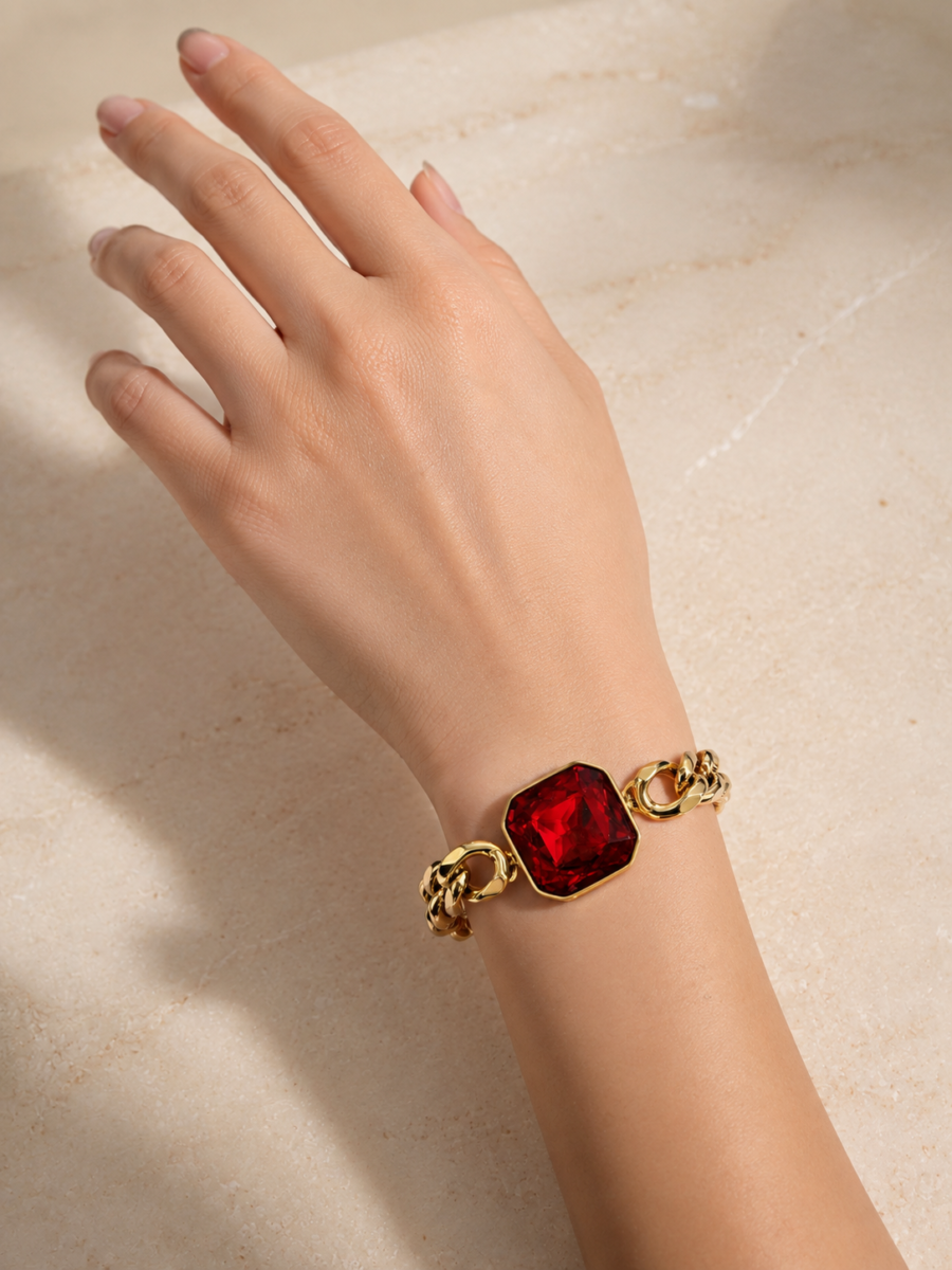 Eternos Acessórios - Pulseira Feminina Aço Inox 316L Dourada Vermelho Esmeralda Regulável