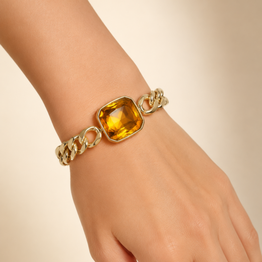 Pulseira Feminina Aço Inox 316L Dourada Citrino Regulável