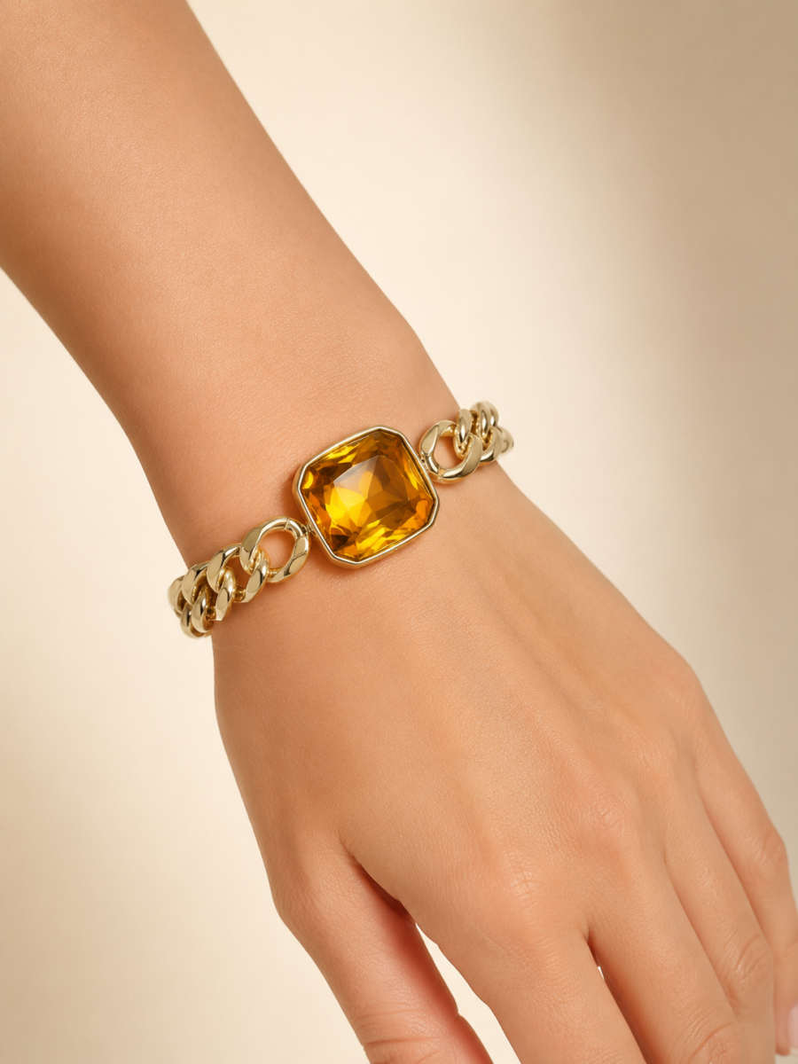 Eternos Acessórios - Pulseira Feminina Aço Inox 316L Dourada Citrino Regulável Eternos Acessórios - Pulseira Feminina Aço Inox 316L Dourada Citrino Regulável