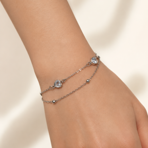 Pulseira Feminina Aço Inox 316L Duas Voltas Bolinha e Coração Cristal