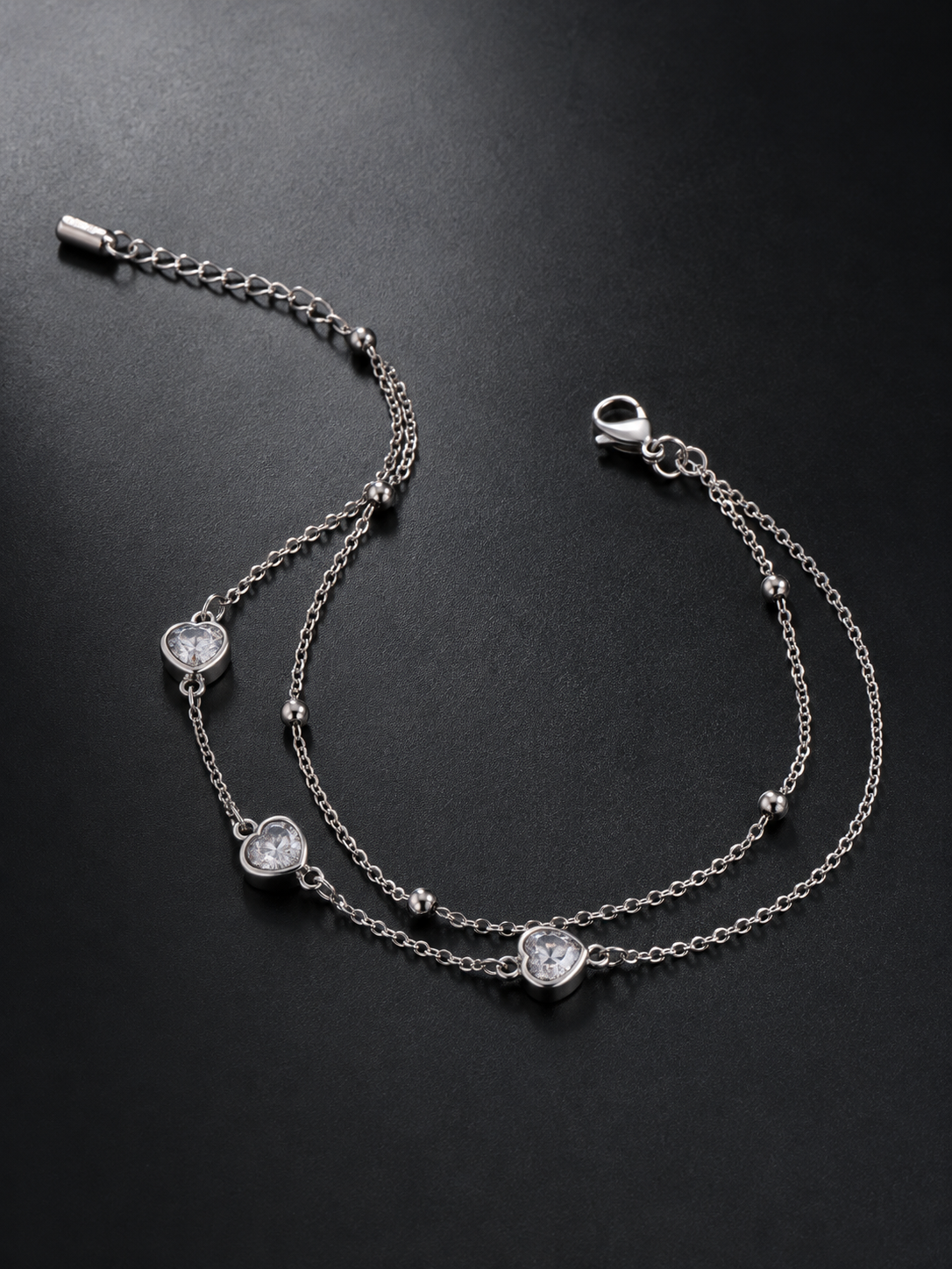 Eternos Acessórios - Pulseira Feminina Aço Inox 316L Duas Voltas Bolinha e Coração Cristal Pulseira Feminina Aço Inox 316L Duas Voltas Bolinha e Coração Cristal - Imagem 2