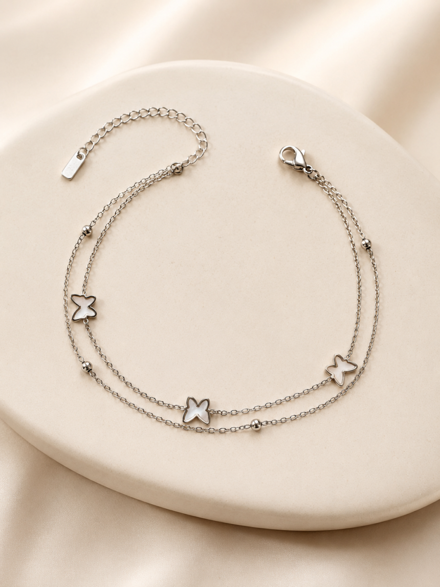 Eternos Acessórios - Pulseira Feminina Aço Inox 316L Duas Voltas Bolinha e Borboleta com Pérola