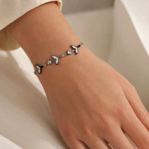 Pulseira Feminina Aço Inox 316L Corrente 3 Caudas de Sereia com Pérola e Cristal