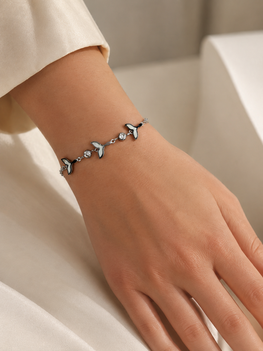 Eternos Acessórios - Pulseira Feminina Aço Inox 316L Corrente 3 Caudas de Sereia com Pérola e Cristal Eternos Acessórios - Pulseira Feminina Aço Inox 316L Corrente 3 Caudas de Sereia com Pérola e Cristal