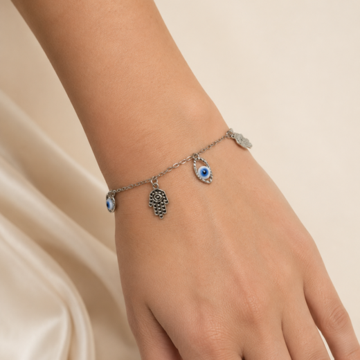 Pulseira Feminina Aço Inox 316L Olho Grego e Mão de Fátima