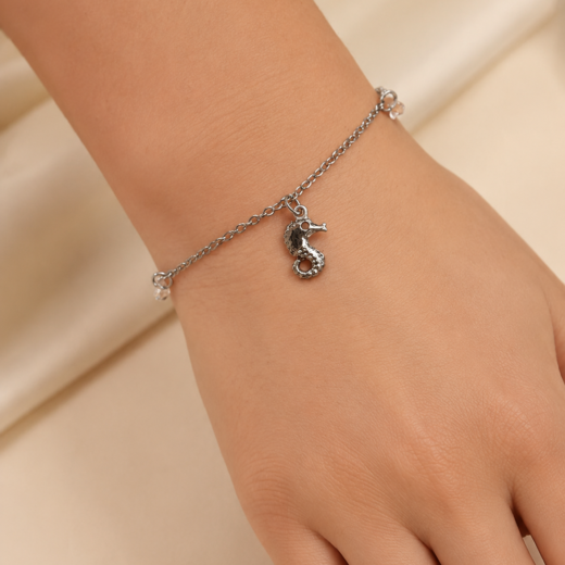 Pulseira Feminina Aço Inox 316L Cavalo Marinho e Zircônea