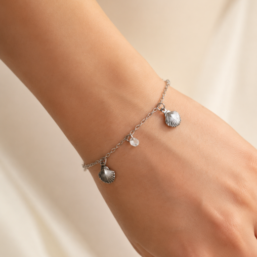 Pulseira Feminina Aço Inox 316L Concha Shell e Zircônea