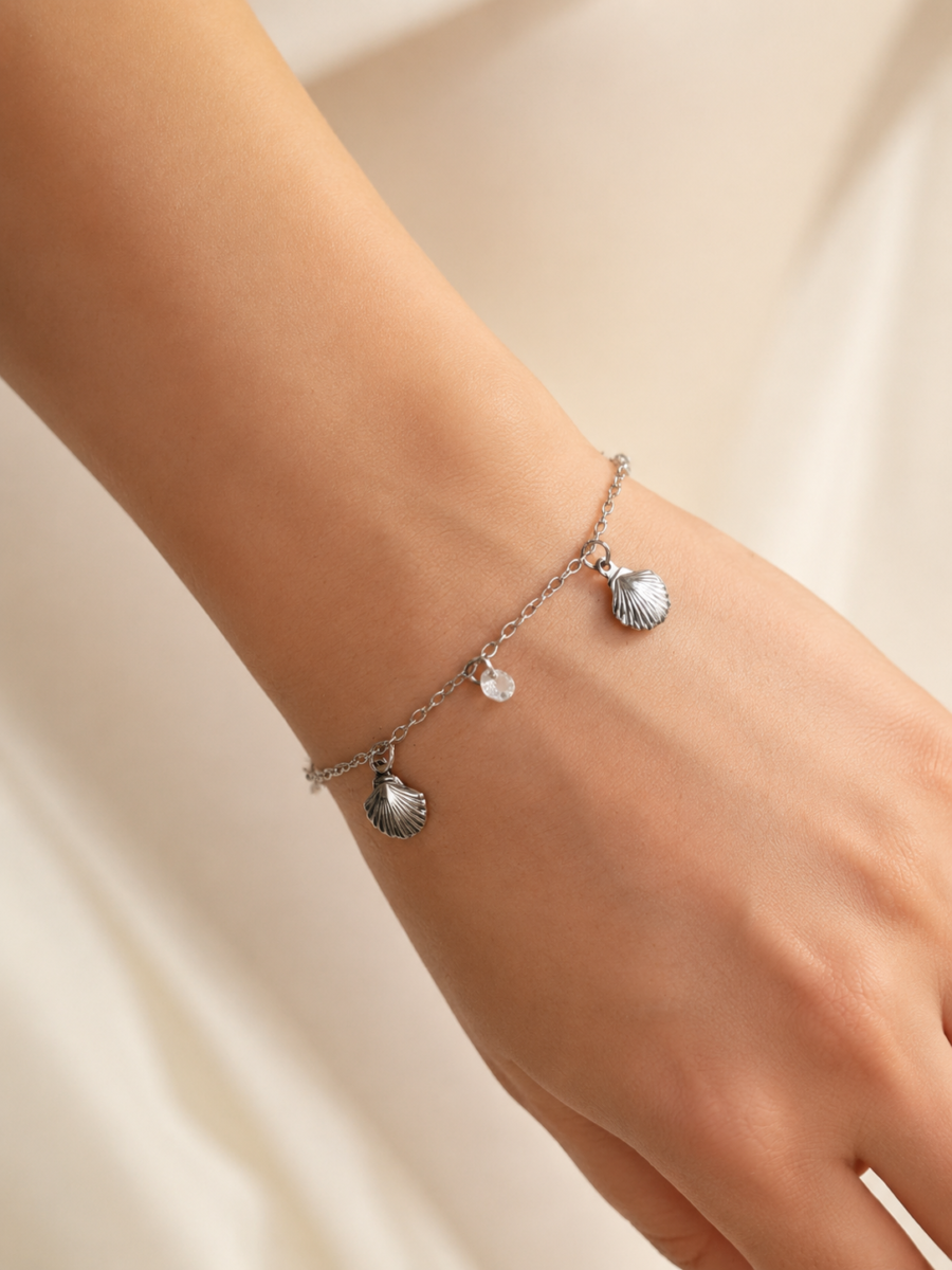 Eternos Acessórios - Pulseira Feminina Aço Inox 316L Concha Shell e Zircônea