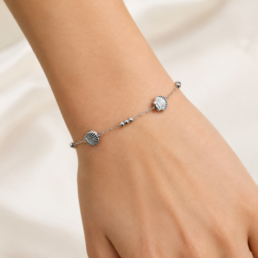 Pulseira Feminina Aço Inox 316L Corrente Bolinha e Concha Shell