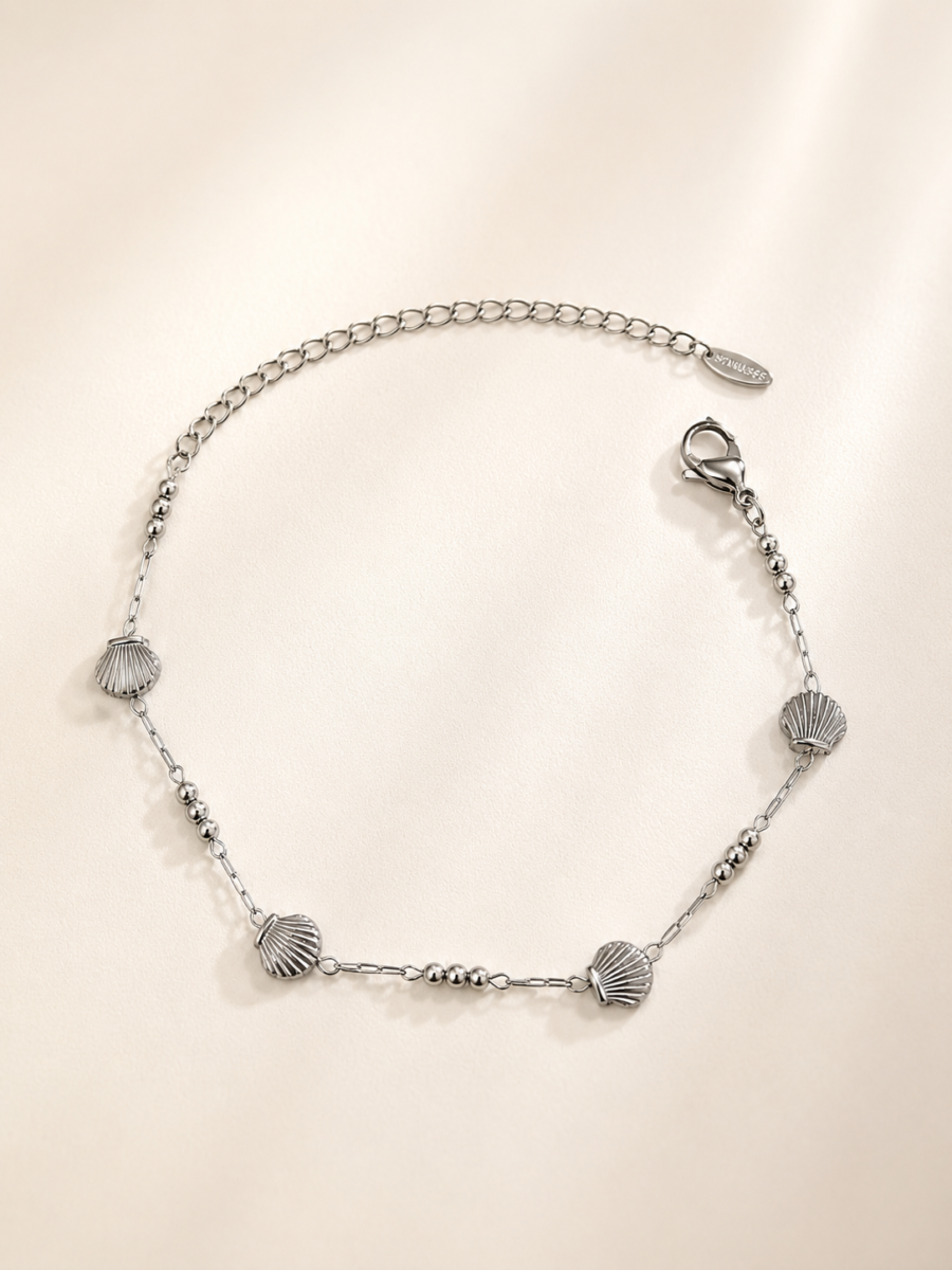 Eternos Acessórios - Pulseira Feminina Aço Inox 316L Corrente Bolinha e Concha Shell