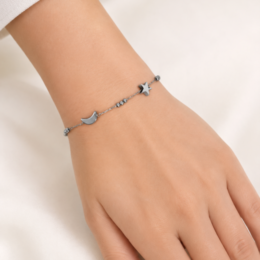 Pulseira Feminina Aço Inox 316L Corrente Bolinha Lua e Estrela Regulável 15 a 21 cm