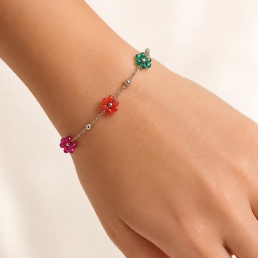 Pulseira Feminina Aço Inox 316L Flores Coloridas