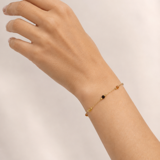 Pulseira Feminina Bolinha e Pedras Coloridas Dourada em Aço Inox 316L