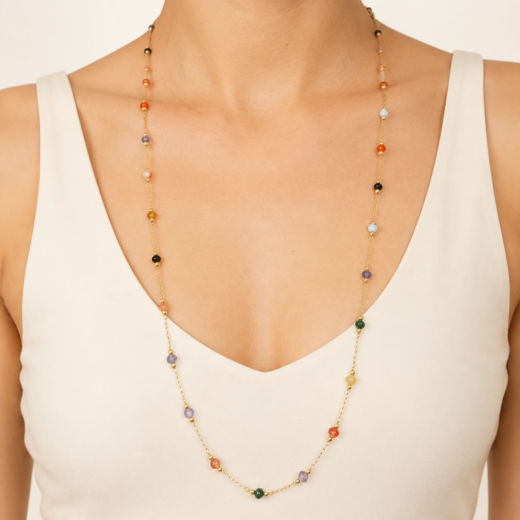 Colar Feminino Longo Luz de Cristais Coloridos Dourado em Aço Inox 316L