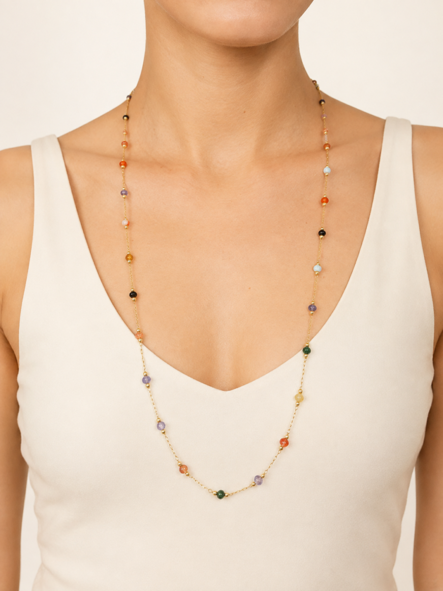 Eternos Acessórios - Colar Feminino Longo Luz de Cristais Coloridos Dourado em Aço Inox 316L