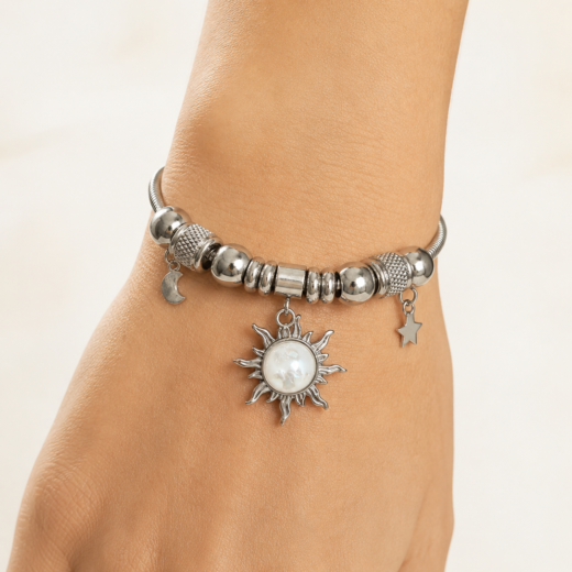 Pulseira Feminina Aço Inox 316L Berloque Sol Pérola Lua e Estrela