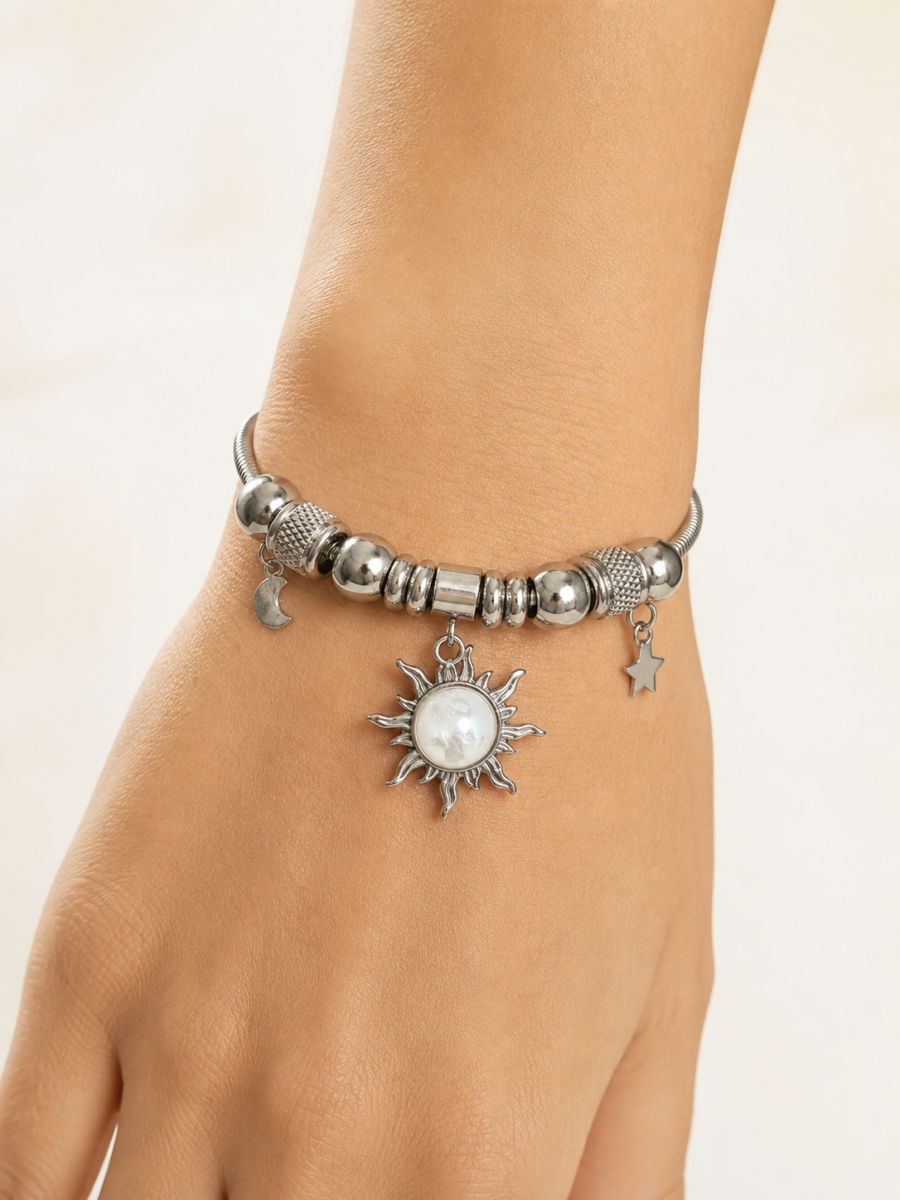 Eternos Acessórios - Pulseira Feminina Aço Inox 316L Berloque Sol Pérola Lua e Estrela