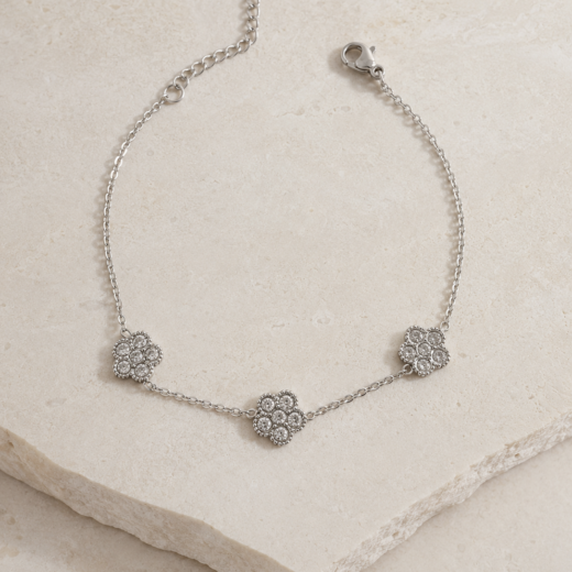 Pulseira Feminina Aço Inox 316L Corrente 3 Flores Cristais