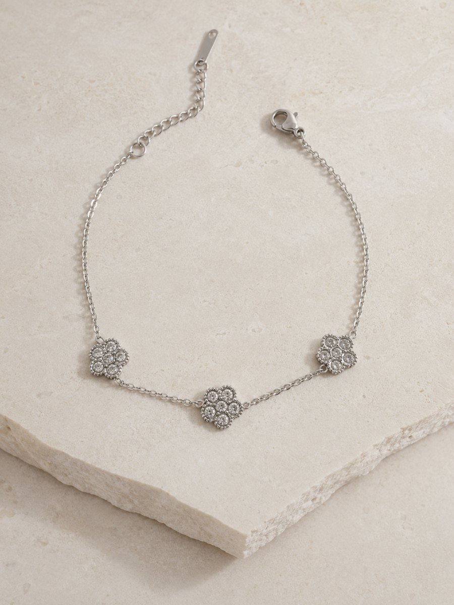 Eternos Acessórios - Pulseira Feminina Aço Inox 316L Corrente 3 Flores Cristais