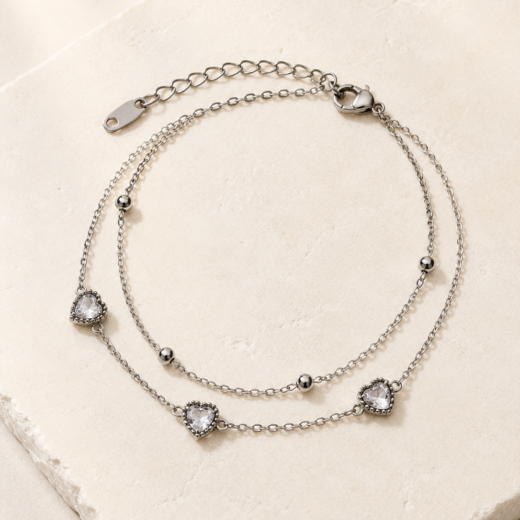 Pulseira Feminina Aço Inox 316L Duas Voltas Bolinha e Coração com Zircônia Cristal