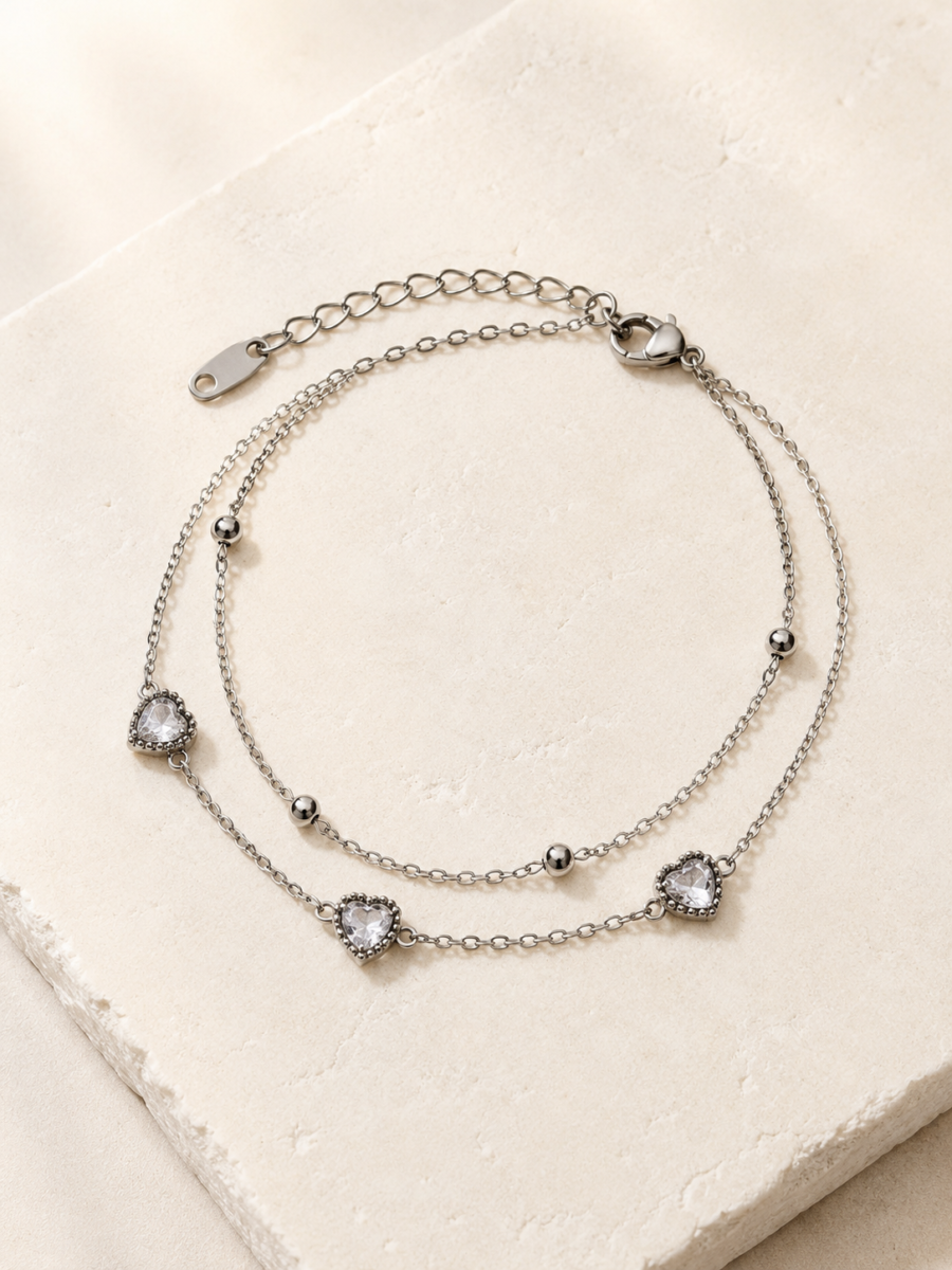 Eternos Acessórios - Pulseira Feminina Aço Inox 316L Duas Voltas Bolinha e Coração com Zircônia Cristal
