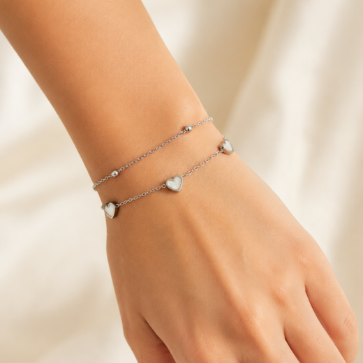 Pulseira Feminina Aço Inox 316L Corrente Duas Voltas Bolinha e Coração Madri Pérola