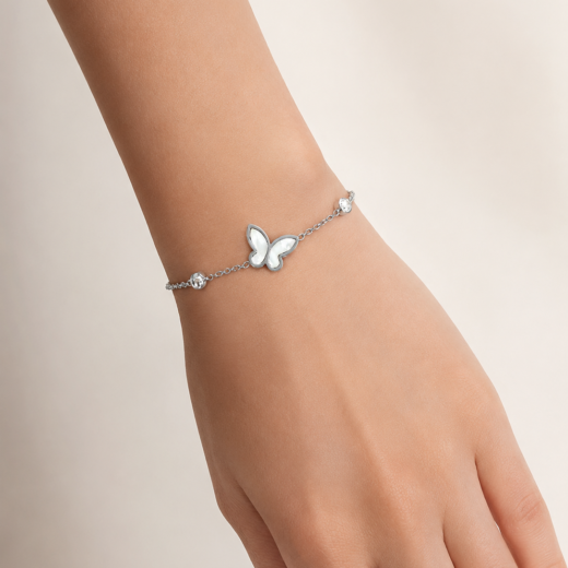 Pulseira Feminina Aço Inox 316L Corrente Borboleta Pérola e Cristal