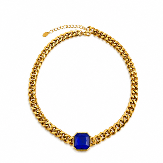 Colar Gargantilha Feminina Dourado Aço Inox 316L Pedra Azul Safíra Regulável