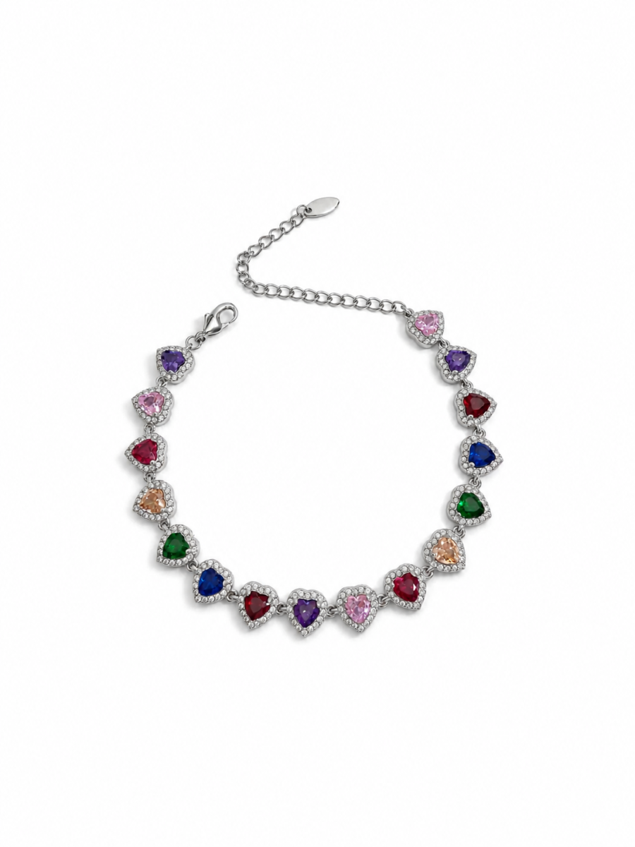 Eternos Acessórios - Pulseira Feminina Aço Inox 316L Corações Cravejados Cristal Colorido Luxo