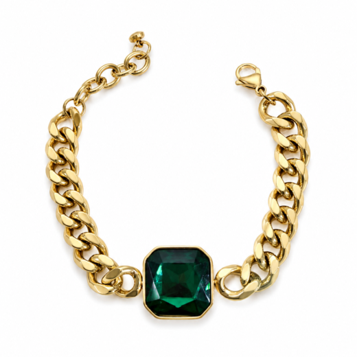 Pulseira Feminina Aço Inox 316L Dourada Verde Esmeralda Regulável