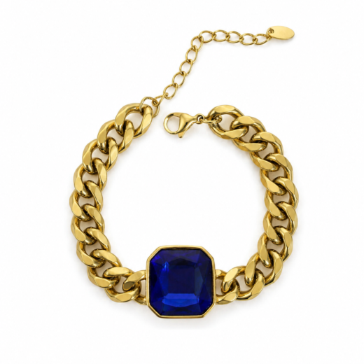 Pulseira Feminina Aço Inox 316L Dourada Azul Safíra Regulável