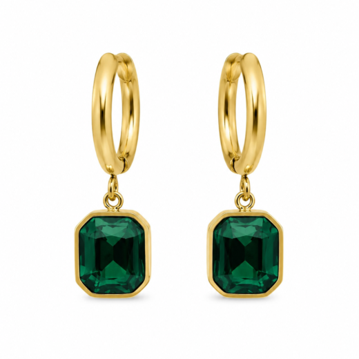 Brinco Feminino Argola Dourado Aço Inox 316L Zircônea Verde Esmeralda