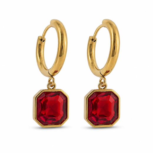 Brinco Feminino Argola com Zircônia Vermelho Rubi Dourado em Aço Inox 316L