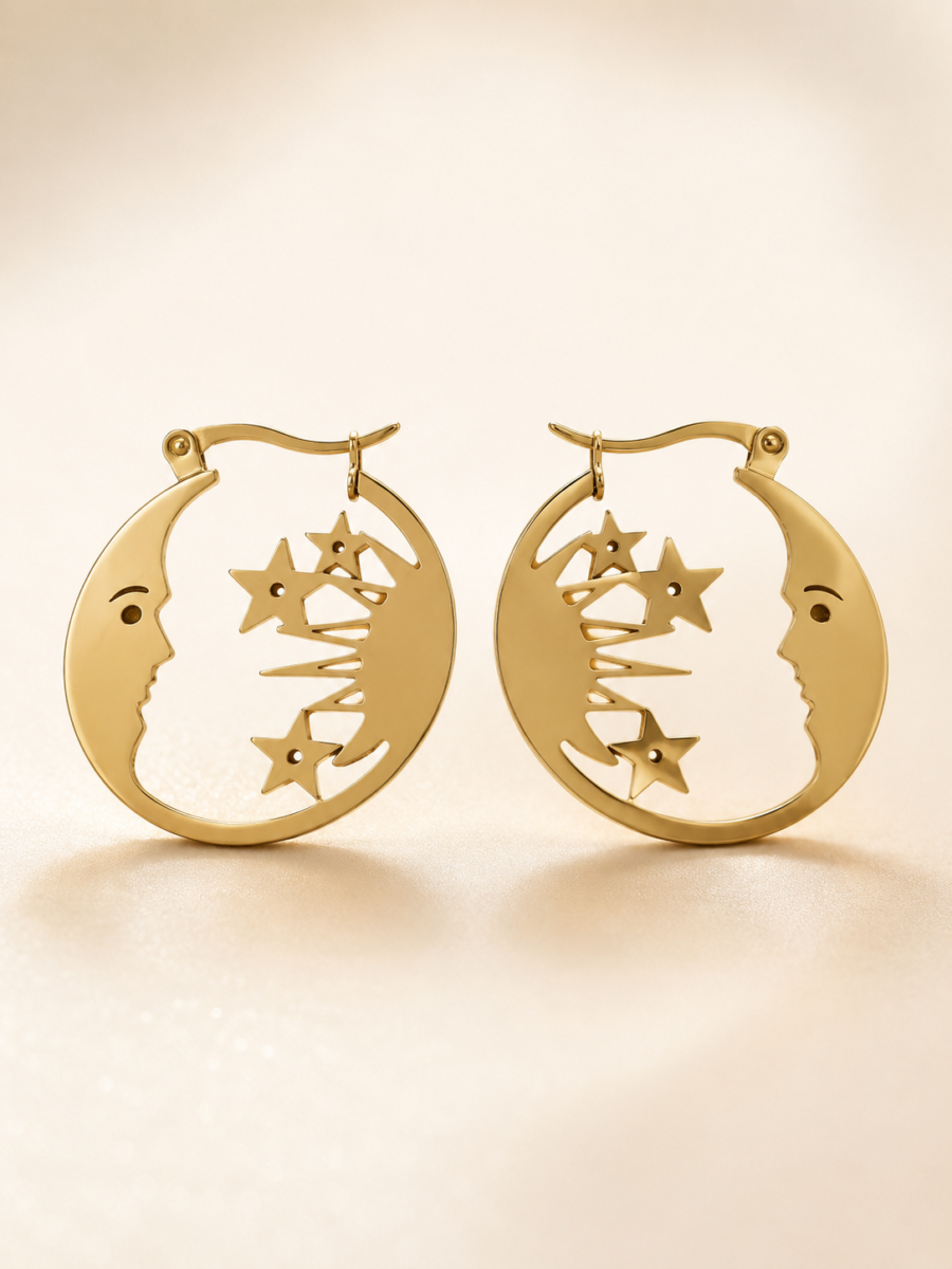 Eternos Acessórios - Brinco Feminino Argola Dourado Aço Inoxidável 316L Lua e Estrelas
