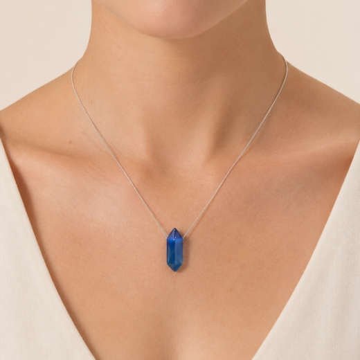 Colar Feminino Aço Inox 316L com Pedra Natural Ágata Azul