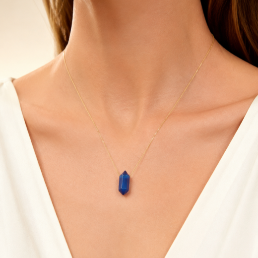 Colar Feminino Aço Inox 316L Dourado com Pedra Natural Ágata Azul
