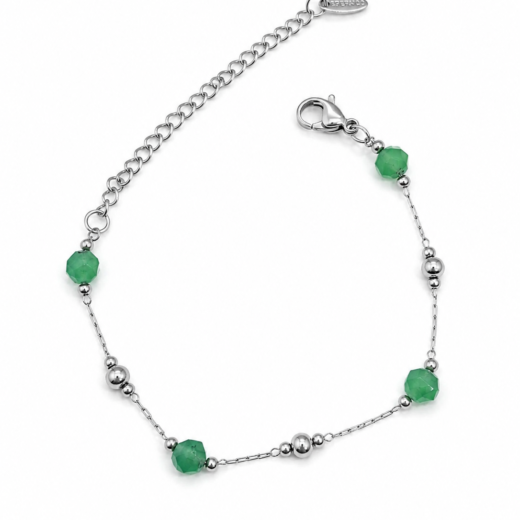 Pulseira Feminina Aço Inox 316L Cristais Verde e Bolinha