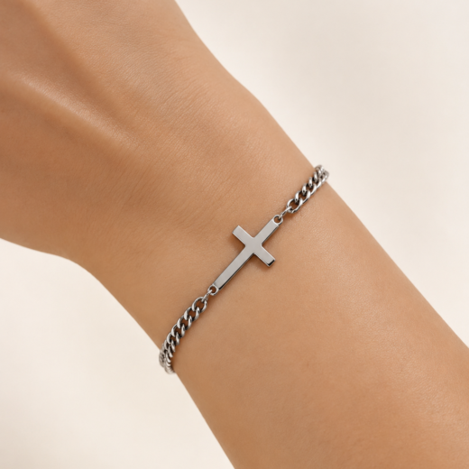 Pulseira Feminina Aço Inox 316L Corrente Groumet e Cruz