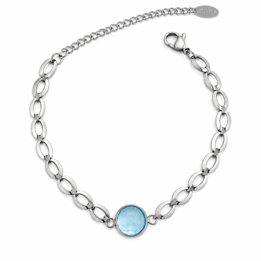 Pulseira Feminina Aço Inox 316L Corrente Pingente Redondo Azul Opal