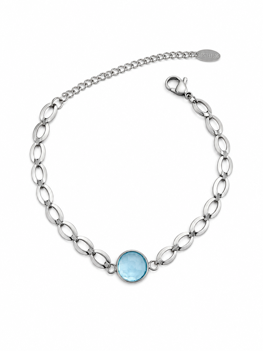 Eternos Acessórios - Pulseira Feminina Aço Inox 316L Corrente Pingente Redondo Azul Opal